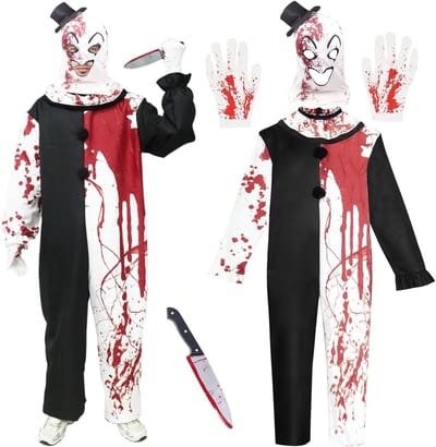 Horror Clown Kostuum voor Volwassenen met Hoed, Dagger en Handschoenen voor Halloween Cosplay, Zwart-Wit Clown Jumpsuit en Terrifier Thema