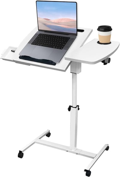 Bijzettafel Verstelbaar - Laptoptafel Wieltjes - Comfortabel Werken - Draaibaar Tafelblad - 65-95 cm Hoogte - Wit