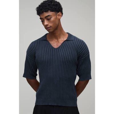 Muscle Fit Acid Wash Ribbed Knitted Polo T-Shirt | Charcoal | Size XS