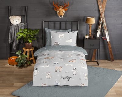 Good Morning dekbedovertrek dieren in winterthema - 1 persoons 140x200/220 cm - Grijs - 100% Katoen flanel