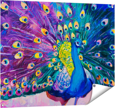 Gards Tuinposter Pauw met Kleurrijke Veren van Olieverf - Abstract - 100x80 cm - Tuindoek - Tuindecoratie - Wanddecoratie buiten - Tuinschilderij