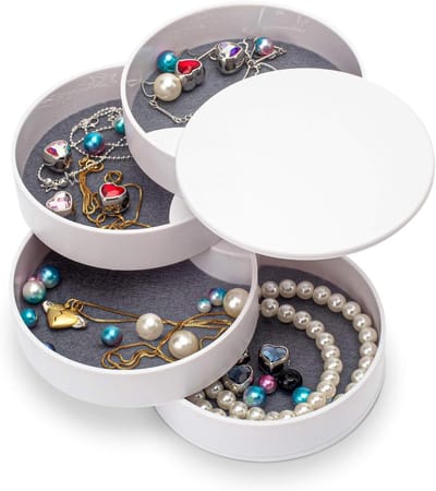 Candala Sieraden Organisator, Kleine Sieradendoos, Oorbellenhouder voor Vrouwen, Sieraden Opbergdoos 4-Lagig Draaibaar Sieraden Opbergbakje met Deksel voor Ringen Armbanden (Wit)