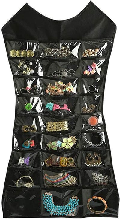 Kuber Industries Stof dubbelzijdige jurk stijl opknoping organizer voor sieraden en make-up accessoires Organizer voor kettingen, kettingen, oorbellen, horloge, hangers en cosmetica (zwart) -Ctktc034754