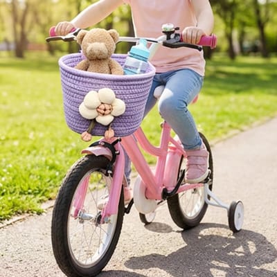 VHV Gevlochten Fietsmandje - Katoen-look - Voor Stuur van Kinderfiets, Loopfiets & Step - Leuke Accessoires - 19.5 cm Hoog - Paars