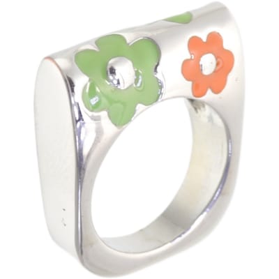 Behave - Ring - Zilverkleurige statement ring met groene en oranje bloemen – Y2K & retro fashion