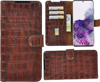 Geschikt voor Samsung Galaxy S20 Ultra hoes Cover Wallet Bookcase Pearlycase Echt Leder hoesje Croco Bruin