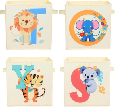 Opbergdoos voor kinderen, groot, 4 stuks, opvouwbare Oxford-speelgoedkist met handvat voor jongens en meisjes, lichte speelgoedorganisatoren en opslag in de kinderkamer, 32 x 32 x 32 cm