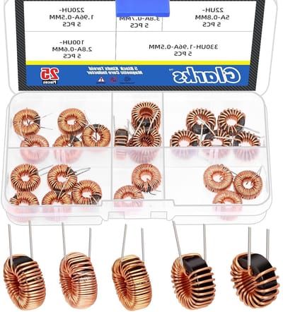 25 Stuks Toroid Kern Inductor Kit met 5 Maten - 22UH-5A, 47UH-3.8A, 220UH-1.96A, 330UH-1.96A, 100UH-2.8A - Koper Spoelen voor Transformatoren en DIY Circuitborden