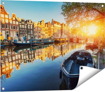 Gards Tuinposter Amsterdamse Gracht bij Zonsondergang - 80x60 cm - Tuindoek - Tuindecoratie - Wanddecoratie buiten - Tuinschilderij