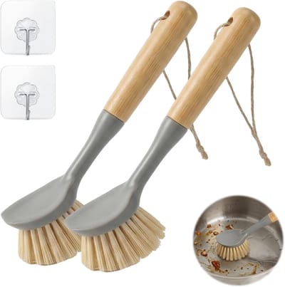 2-delige set houten vaatborstels, schuurborstel houten borstel - keukenreinigingsborstel met schraper Bamboe borstel afwasborstel handborstel houten borstel keuken Pot & pannen reinigingsset met haak
