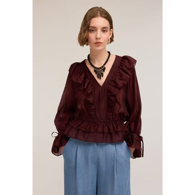 Motivi Voile Blouse With Flounces Burgundy Size: 32 | Blouses Outlet | Dames | Roze