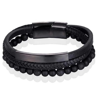 Heren armband Memphis Agaat kraal gevlochten leer Zwart - 19cm