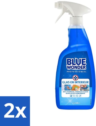 2 x Blue Wonder Professionele Glas en Interieur Spray 1 liter - Glasreiniger - Interieurreiniger - Streeploos Schoon - Glasspray - Reinigingsmiddel