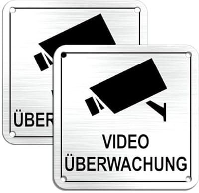 Videobewaking sticker 10x10cm - Aluminium met voorgeboorde gaten (x2)