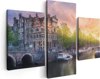 Artaza Canvas Schilderij Drieluik Amsterdamse Grachten  - 90x60 - Foto Op Canvas - Canvas Print