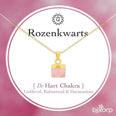 Bixorp Rozenkwarts Blokje Ketting - Goud Verguld S925 Zilver + Edelsteen Hanger - Spirituele Chakra Ketting met Cadeau Kaartje - 45cm + 5cm verstelbaar