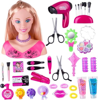 Poppenhoofd Kappersset - Kinder Make-up Hoofd - Leren Kapsels Stylen - 35 Delige Accessoires Set - 24x14x18 cm - Stijl 2