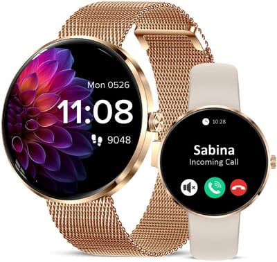 Avalue - AMOLED Dames Smartwatch - Hartslagmeter - Slaapmonitor - Vrouwengezondheid - Multisport - Android & iOS - RVS en Siliconen Band- Goud