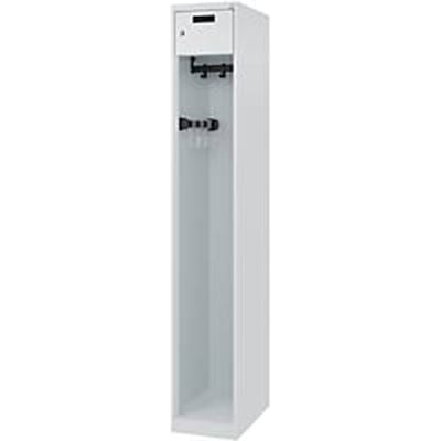 Brandweerkluis C+P Evolo PRAKTUS, 1 compartiment, met sokkel, vloerglijders, B 300 x D 500 x H 1850 mm, RAL 7035 lichtgrijs