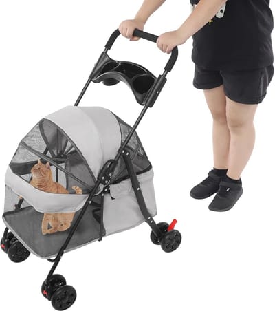 Huisdierwagen Inklapbaar - Hondenbuggy Transport - Comfortabel Reizen - 360 Graden Wielen - 69 x 49 x 97 cm - Lichtgrijs