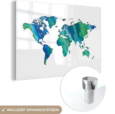 ® Glasschilderij 150x100 cm - Schilderij acrylglas - Wereldkaart - Waterverf - Wit - Foto op glas - Muurdecoratie woonkamer - Wanddecoratie slaapkamer - Schilderijen