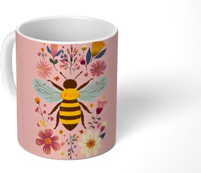 Mok - Koffiemok - Bij - Geel - Bloemen - Kleurrijk - Mokken - 350 ML - Beker - Koffiemokken - Theemok