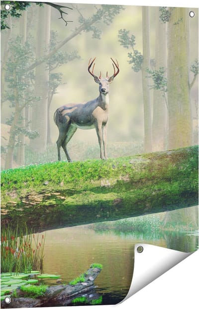 Gards Tuinposter Hert in het Bos op een Boom - 60x80 cm - Tuindoek - Tuindecoratie - Wanddecoratie buiten - Tuinschilderij