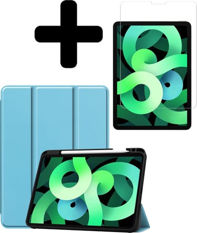 Hoes - Geschikt voor Apple iPad Air 4 (2020) - 10.9 inch - 4e Generatie - Met Screenprotector - Trifold Bookcase - Hard Cover Case - Met Uitsparing Geschikt voor Apple Pencil - Hardcover Book - Tablet Hoesje - Lichtblauw