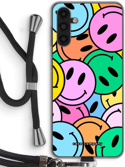 Case Company® - Hoesje met koord geschikt voor Samsung Galaxy A04s hoesje met Koord - Smiley N°1 - Telefoonhoesje met Zwart Koord - Bescherming aan alle Kanten en Over de Schermrand