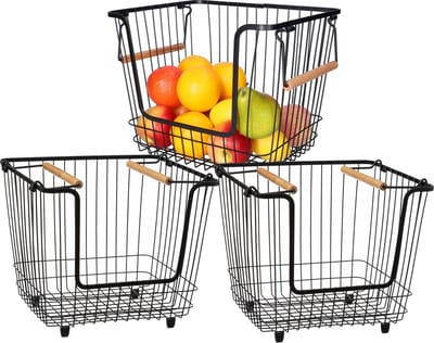 5Five Draadmand/opbergmand met handvat - 3x - stapelbaar - zwart - 33 x 26 x 26 cm