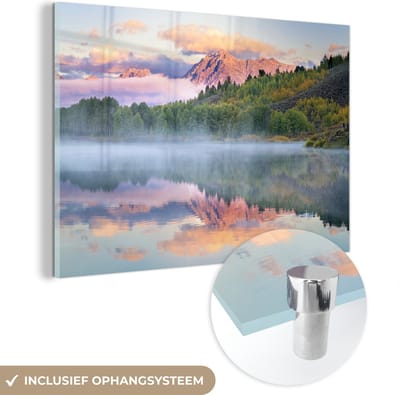 ® Glasschilderij 180x120 cm - Schilderij acrylglas - Kleurrijke zonsopgang bij het Tetongebergte en de Snake rivier in Wyoming - Foto op glas - Muurdecoratie woonkamer - Wanddecoratie slaapkamer - Schilderijen
