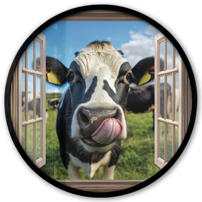 Poster in lijst Rond - Fotolijst 40x40 cm - Posters - Doorkijk - Koe - Weiland - Dieren - Natuur - Ronde posterlijst zwart - Decoratie - Wanddecoratie woonkamer - Muurdecoratie slaapkamer