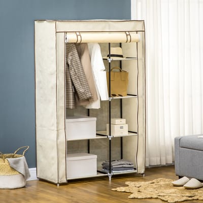Wishdor - Stoffen Kledingkast - Opvouwbaar Met 1 Kledingroede En 6 Vakken - Compact - Staal - Crèmewit - 103 X 43 X 162,5 Cm