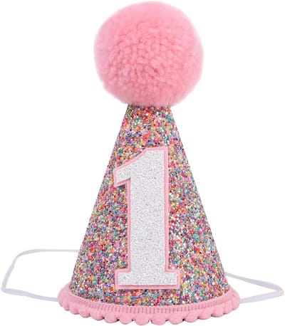 Verjaardagshoedje - Hoed verjaardag - Birthday hat - Kroon - Party hat - Glitter hoedje - 1 jaar - 15 cm - Roze - Jonyx