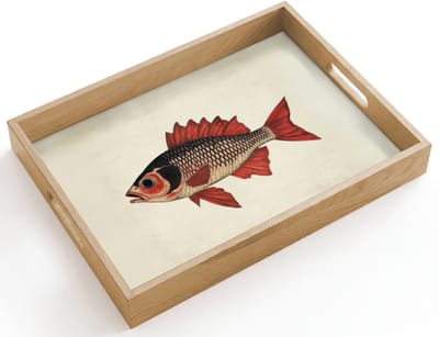 Dienblad hout 40x30 cm - Schootdienblad - Schubben - Rood - Vis - Vinnen - Borrelplank rechthoek - Plateau dienbladen