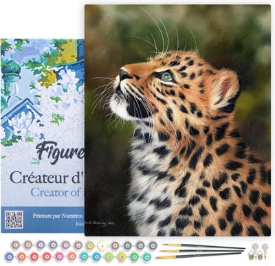 Figured'Art Schilderen op Nummer Volwassenen met lijst - Nieuwsgierige luipaard - Handwerk acrylverf Kit DIY Compleet - 40x50cm Canvas al ingelijst