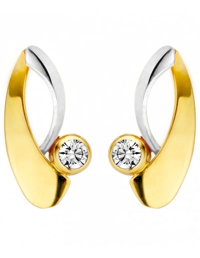 Mori Gold 14krt geel-/witgouden oorstekers met 0,03crt diamant, subtiele fantasie oorstekers met een moderne uitstraling, model 41-KN-305-0.03crt