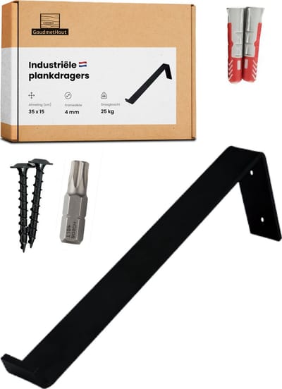 GoudmetHout® Industriële Plankdragers L-vorm - 35 cm - Stalen Plankdrager voor Wandschap, Muurrek of Wandconsole - Max 25 kg - 1 stuk - Mat Zwart