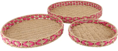 Daan Kromhout - Decoratief dienblad - Set van 3 - Plate - Seagrass - Naturel met Fuchsia - Binnen & Buiten - Ø30/Ø40/Ø50 cm