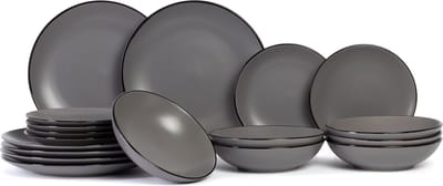 Cosy & Trendy Serviesset Speckle – Grijs – 18-delig / 6 Personen – Bevat 6 Dinerborden, 6 Diepe Borden en 6 Ontbijtborden – Grijs aardewerk met speckle effect – Vaatwasser- en Magnetronbestendig – Stapelbaar