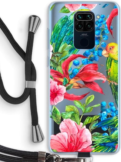 Case Company® - Hoesje met koord geschikt voor Xiaomi Redmi Note 9 hoesje met Koord - Papegaaien - Telefoonhoesje met Zwart Koord - Bescherming aan alle Kanten en Over de Schermrand