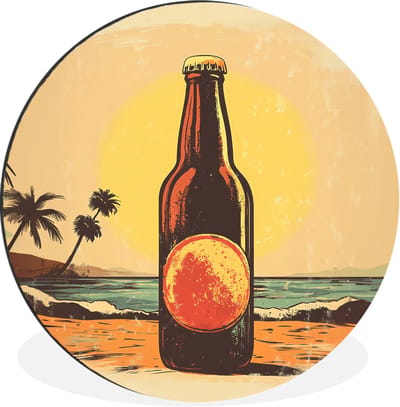 WallCircle - Wandcirkel - Muurcirkel - Bierfles - Zonsondergang - Palmbomen - Zee - Aluminium - Dibond - 30x30 cm - Binnen en Buiten