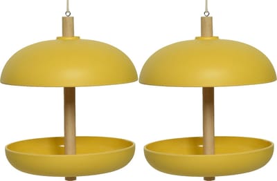 Decoris vogel voedersilo hangend - 2x - bamboe hout - geel - 21 x 25 cm