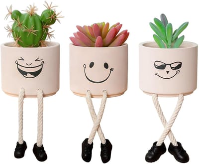 Dailygoods- Bloempot met glimlachend gezicht - Hangplant - Kunstplanten - Schattige figuurpot - Voor binnen/buiten - Zacht Morandi-roze - Plantenhanger