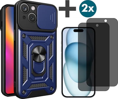 Hoesje met Privacy screenprotectors 2 stuks Geschikt voor iPhone 15 Plus met Ringhouder en Camera schuifje - Arara backcover - Blauw