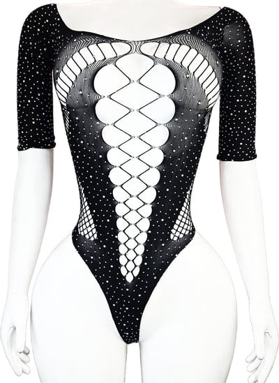 BamBella® - lingerie jumpsuit - Onesize - Erotische sexy nacht pakje doorzichtig kant - Super Stretch met strass steentjes