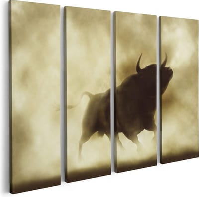 Artaza Canvas Schilderij Vierluik Zwarte Stier In Het Stoffige Rook - 80x60 cm - Wanddecoratie Woonkamer - Schilderijen - Muurdecoratie