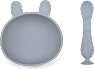 KimDo - Siliconen Konijnen Bakje met Lepel - Blauw - Met zuignap - Bakje - Schaaltjes - kinderservies - Kom - Baby - Kraamcadeau