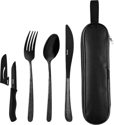 Set van 6 RVS Bestek met Draagtas - Herbruikbaar, Roestvrij, Modern Design voor Kantoor, Picknick en Kamperen