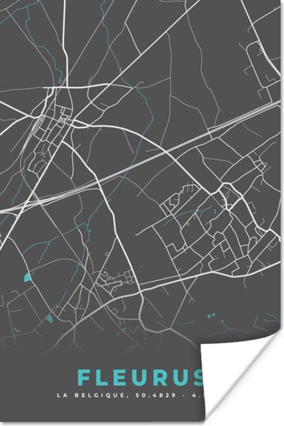Poster Plattegrond – Fleurus – Blauw – Stadskaart - Kaart - België - 120x180 cm XXL